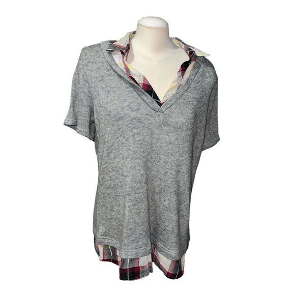Maurices Gray Knit Top With Plaid Collar & Hem Layered Look Womens Size 1 - Picture 4 of 10